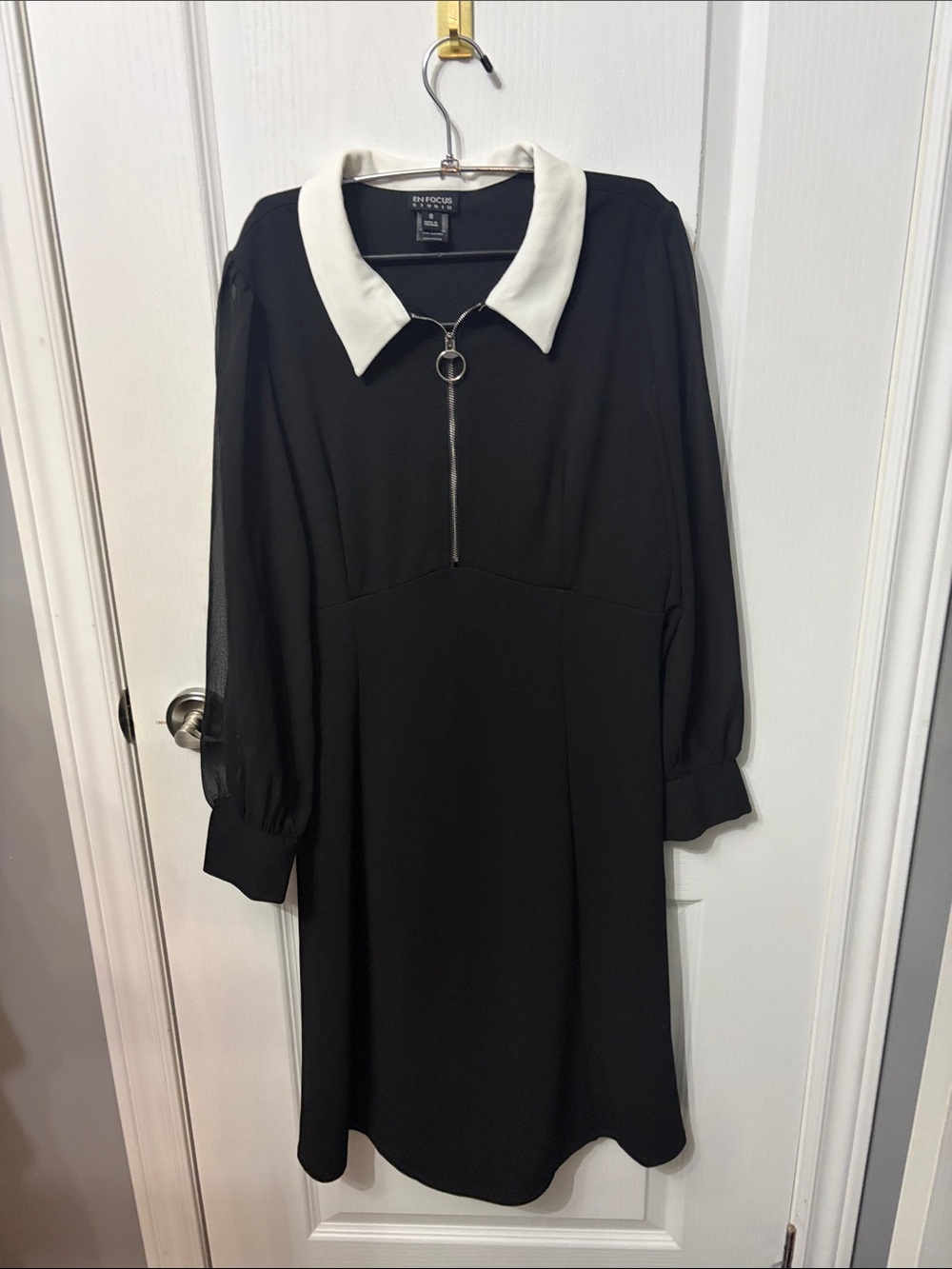 En focus Studio Black Dress with White Collar and Zip Front